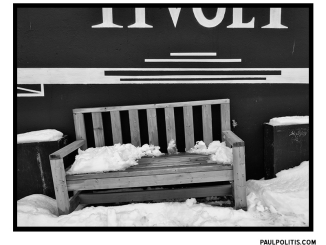 Bench in Snow (black and white photograph)