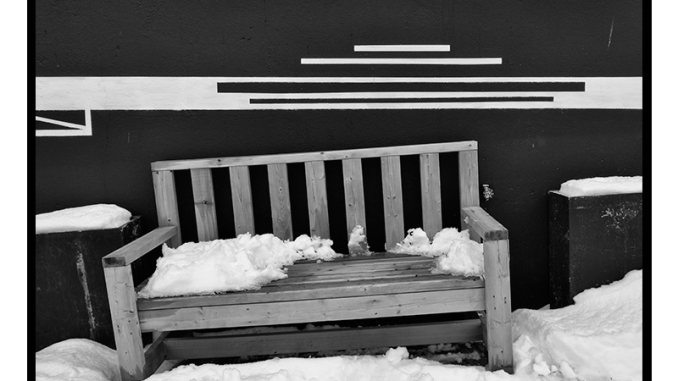 Bench in Snow (black and white photograph)