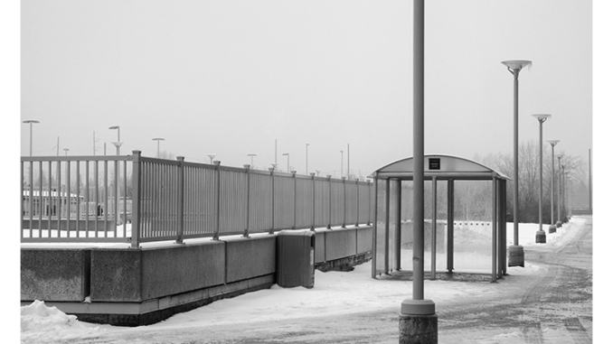 Bus Shelter, Winter (black and white photograph)