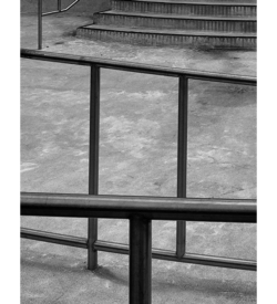 Public Pool Railing and Stairs (black and white photograph)