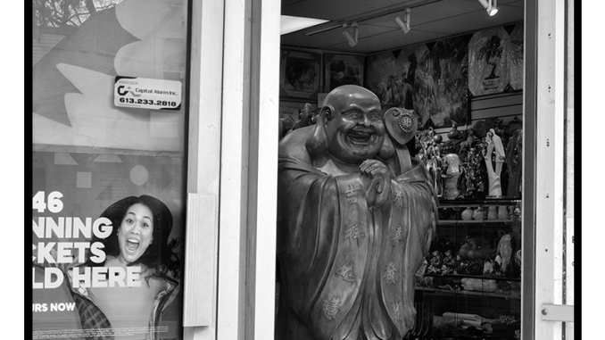 Laughing Buddha (black and white photograph)