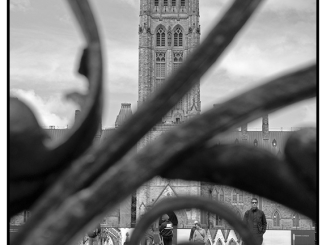 Parliament Stare-down (black and white photograph)