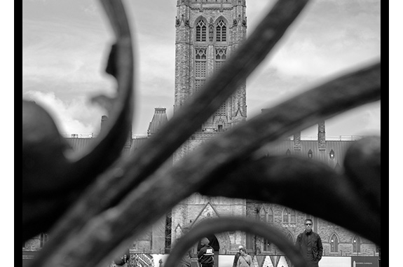 Parliament Stare-down (black and white photograph)