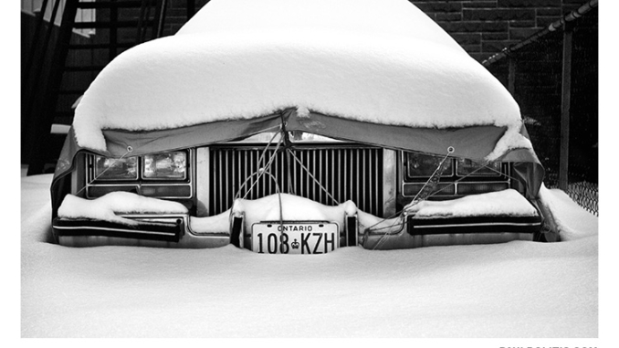 Snow on Car (black and white photograph)